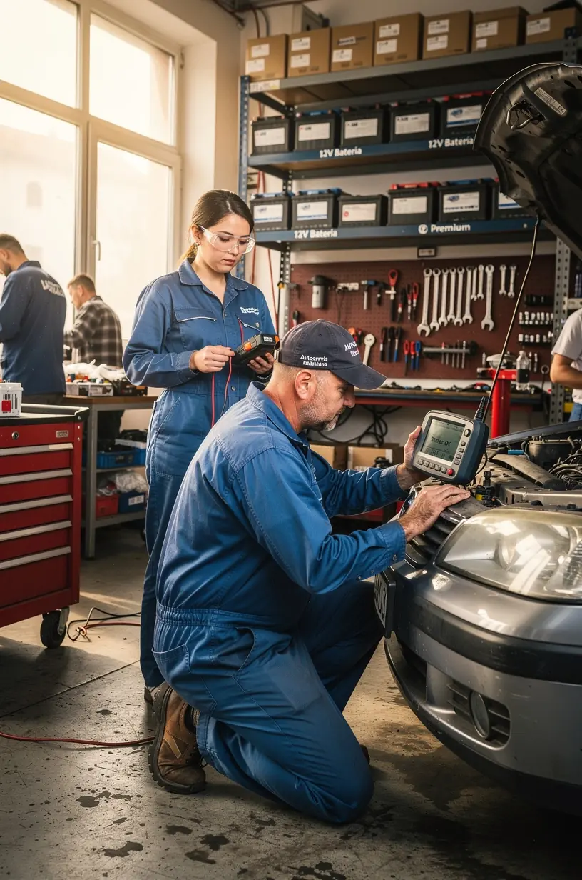 Technik kontrolujúci alternátor auta s profesionálnym meracím prístrojom po zime.